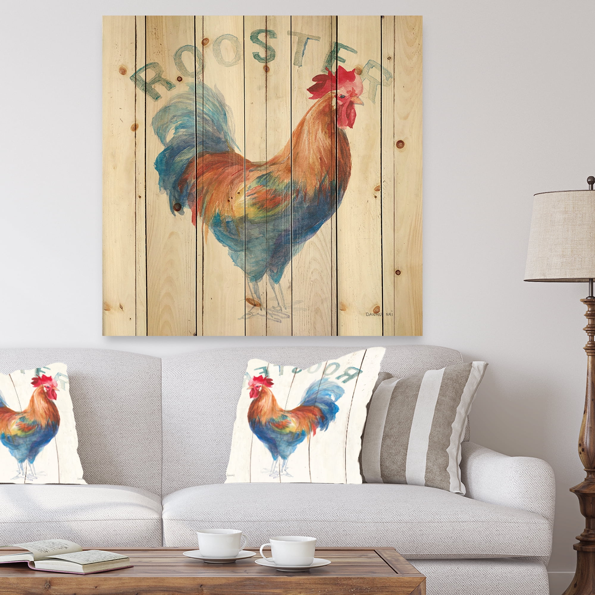 Designart 'Wood Farm Roaster On White I' Farmhouse Print on Natural Pine Wood