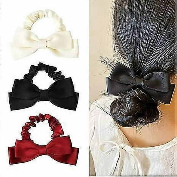 Bow Scrunchies for Women Ponytail Holder Hair Ties Silk Scrunchies for Hair Ropes Bowknot Black Red White Scrunchy Hair Accessories Elastic 3PCS 5cm
