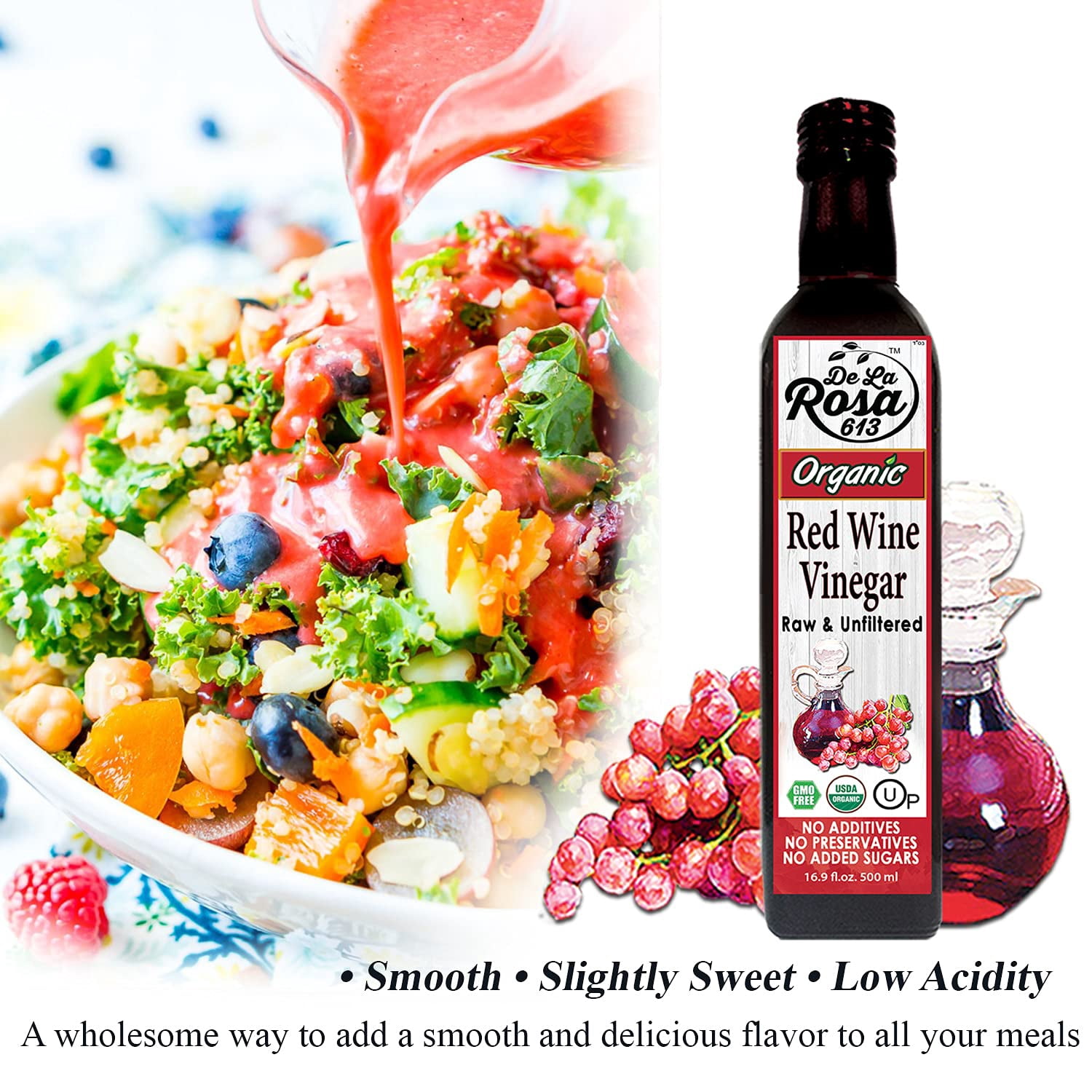 De La Rosa 613 Organic Extra Virgin Olive Oil, Red & White Wine Vinegar, 100% Pure, Vegan, Kosher 16.9 Oz (Pack of 3)