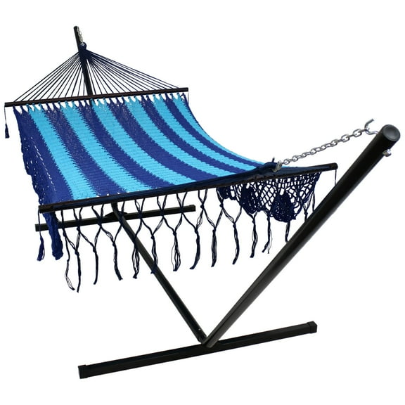 Sunnydaze 2-Person Woven Cotton Spreader Bar Hammock and Stand, 400 lb Capacity - Blue