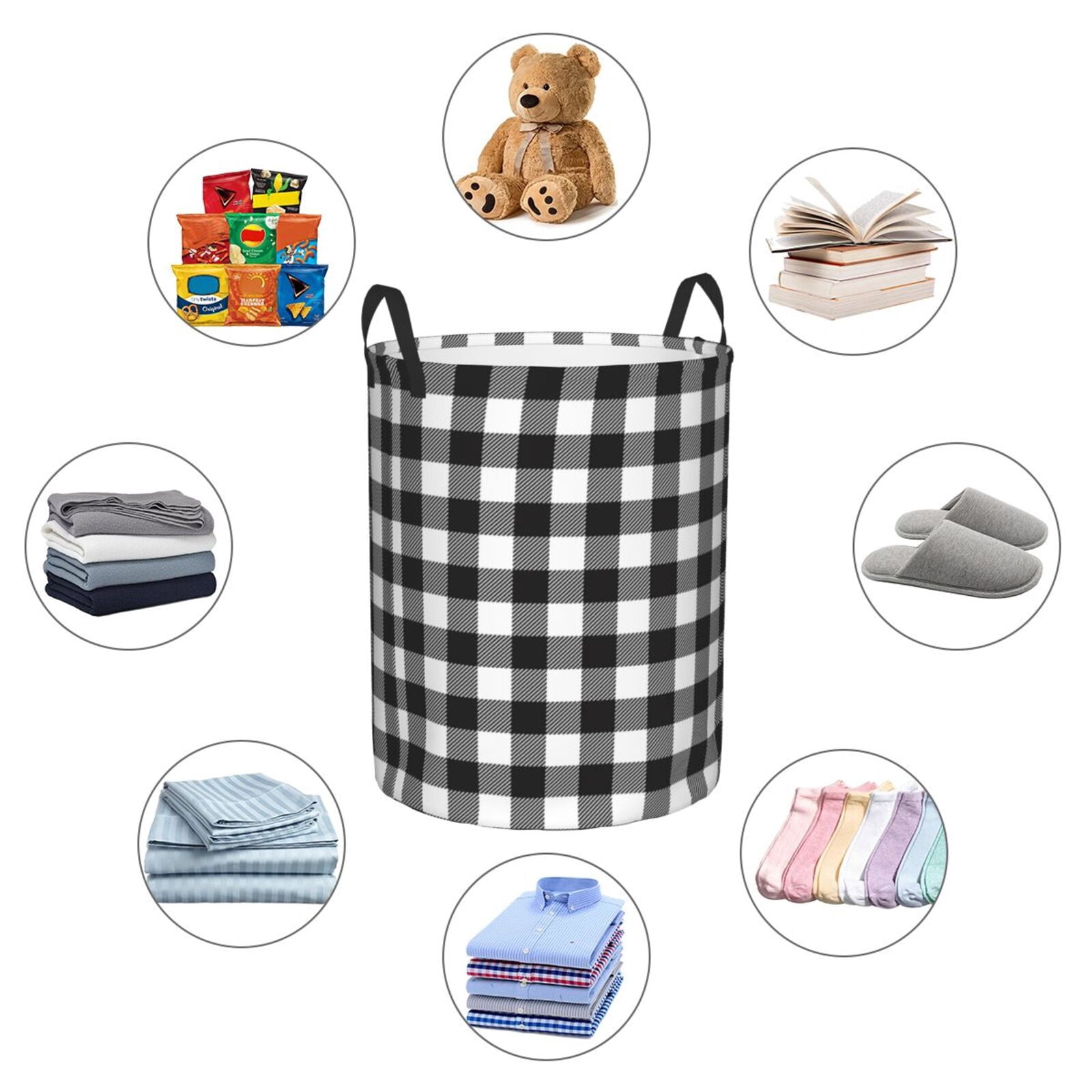 Fuzoiu Black White Plaid Print Circular Hamper,Laundry Basket with Handle,Collapsible Laundry,Dirty Clothes Storage Basket,for Bedroom Bathroom Dorm Living Room-Small
