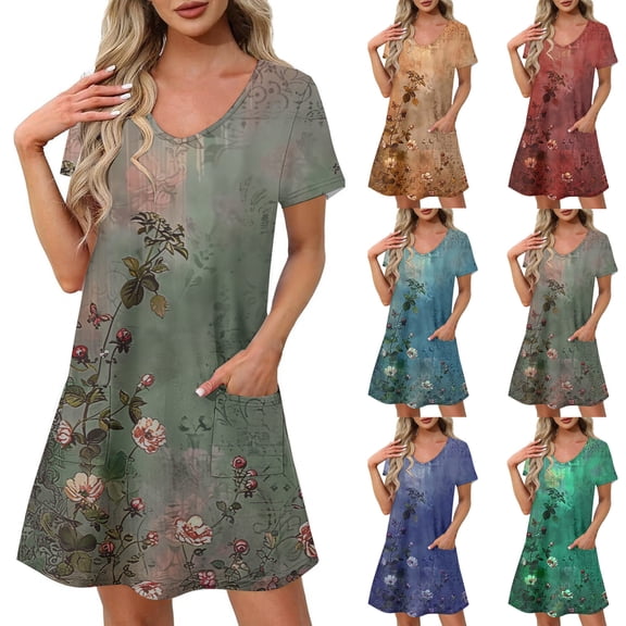 Dress for Women Summer Women Summer Dress Women Dresses Summer Women's Fashion Summer Print Short-sleeved V-neck Casual Dress Blue XL