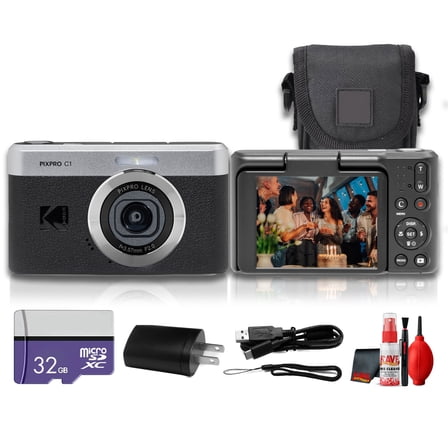 Kodak PIXPRO C1 Compact Digital Camera (Black), 13MP Point and Shoot Camera for Selfies, Travel, Vlogging and Everyday Photos (C1-BK)   32GB Card   Camera Bag   Cleaning Kit (7pc Bundle)