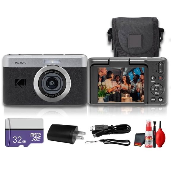 Kodak PIXPRO C1 Compact Digital Camera (Black), 13MP Point and Shoot Camera for Selfies, Travel, Vlogging and Everyday Photos (C1-BK) 32GB Card Camera Bag Cleaning Kit (7pc Bundle)