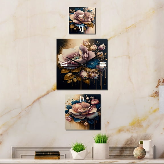 Designart "Pink and Blue Roses in Decadent Display I" Rose Oversized Wall Clock - Set Of 3 - Multipanel Clock For Living Room Décor - Large Traditional Wall Clock