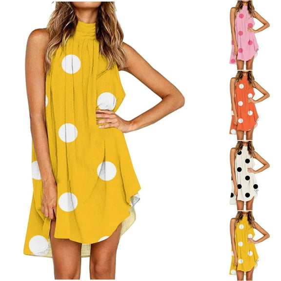 WIZUTIZ Casual Summer Dresses for Women Baggy Casual Knee-Length Polka Dots Beach Dress Crew Neck Sleeveless Shift Dress for Ladies Asymmetrical High-Low Super Soft Party Dress Pink