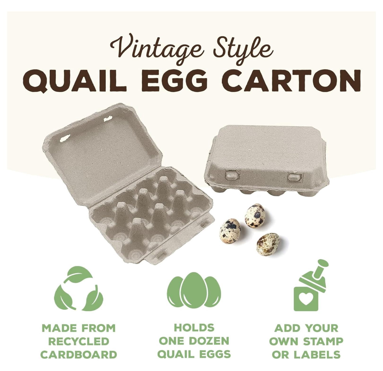 Quail Egg Cartons - Recycled Cardboard Paper Pulp 3x4 Square Style - Holds One Dozen Quail Eggs- Bulk (144)