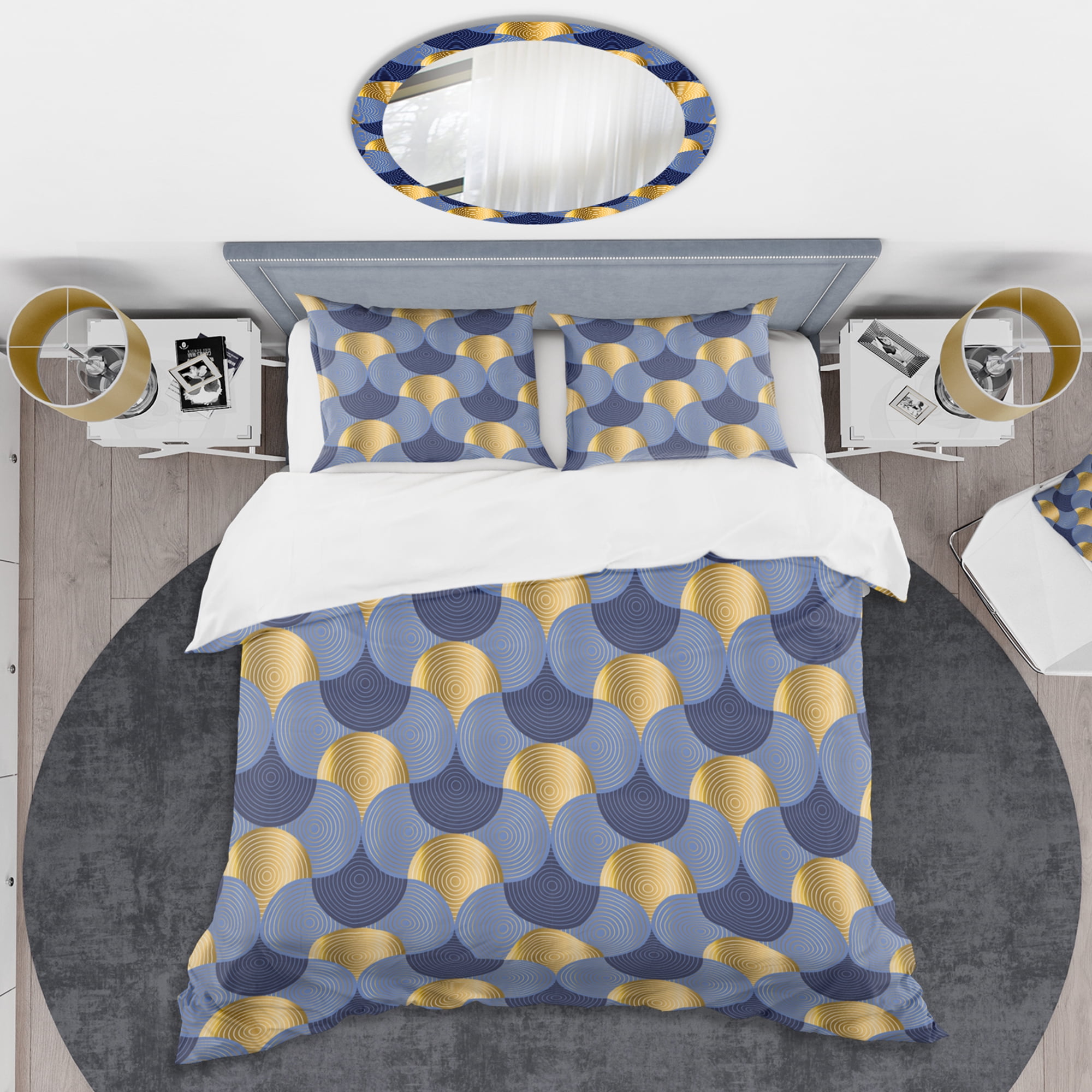 Designart 'Retro Luxury Waves In Gold And Blue VIII' Mid-Century Modern Duvet Cover Set