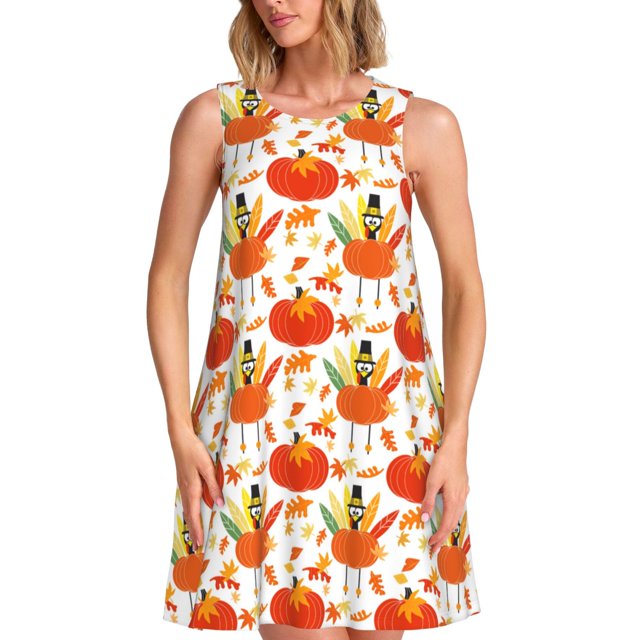 Fotbe Happy Thanksgiving Day1 Vestido de Verano sin Mangas para Mujer – Vestido Midi Línea A, Estilo Camiseta Floral, Vestido Playero Casual y Fluido