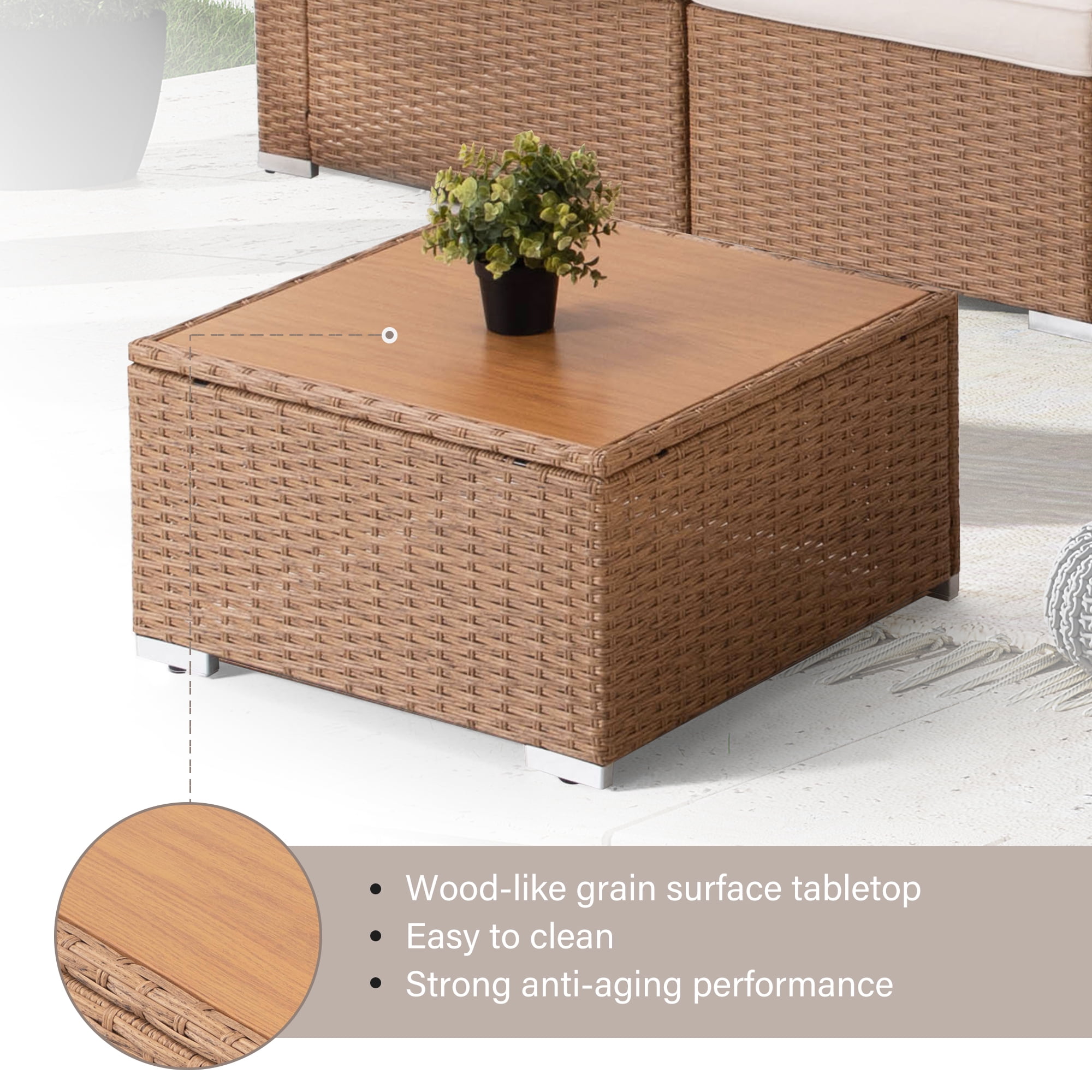 LAUSAINT HOME 7 Pieces Outdoor Furniture Set, Patio Sectional Coversation Set with 6 Chairs and 1 Coffee Table, Beige Cushions & Brown Wicker