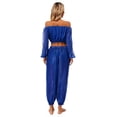 thumbnail image 6 of TiaoBug Womens Belly Dance Costume Long Sleeve Off Shoulder Crop Top+Sequined Dots Chiffon Pants Set Royal Blue One Size, 6 of 7