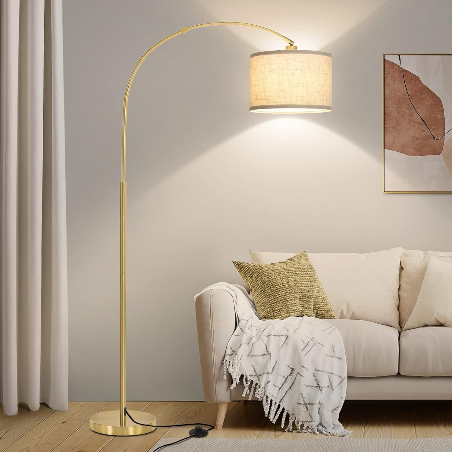 Gold Floor Lamp, Floor Lamp for Living Room with Adjustable Lampshade, Modern Tall Standing Lamp with On/Off Foot Switch, Over Couch Reading Light for Reading, Bedroom, Office