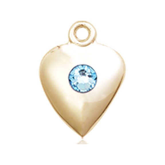 14kt Yellow Gold Heart Medal with 3mm March Blue Swarovski Crystal 1 1/4 x 1 5/8 inches