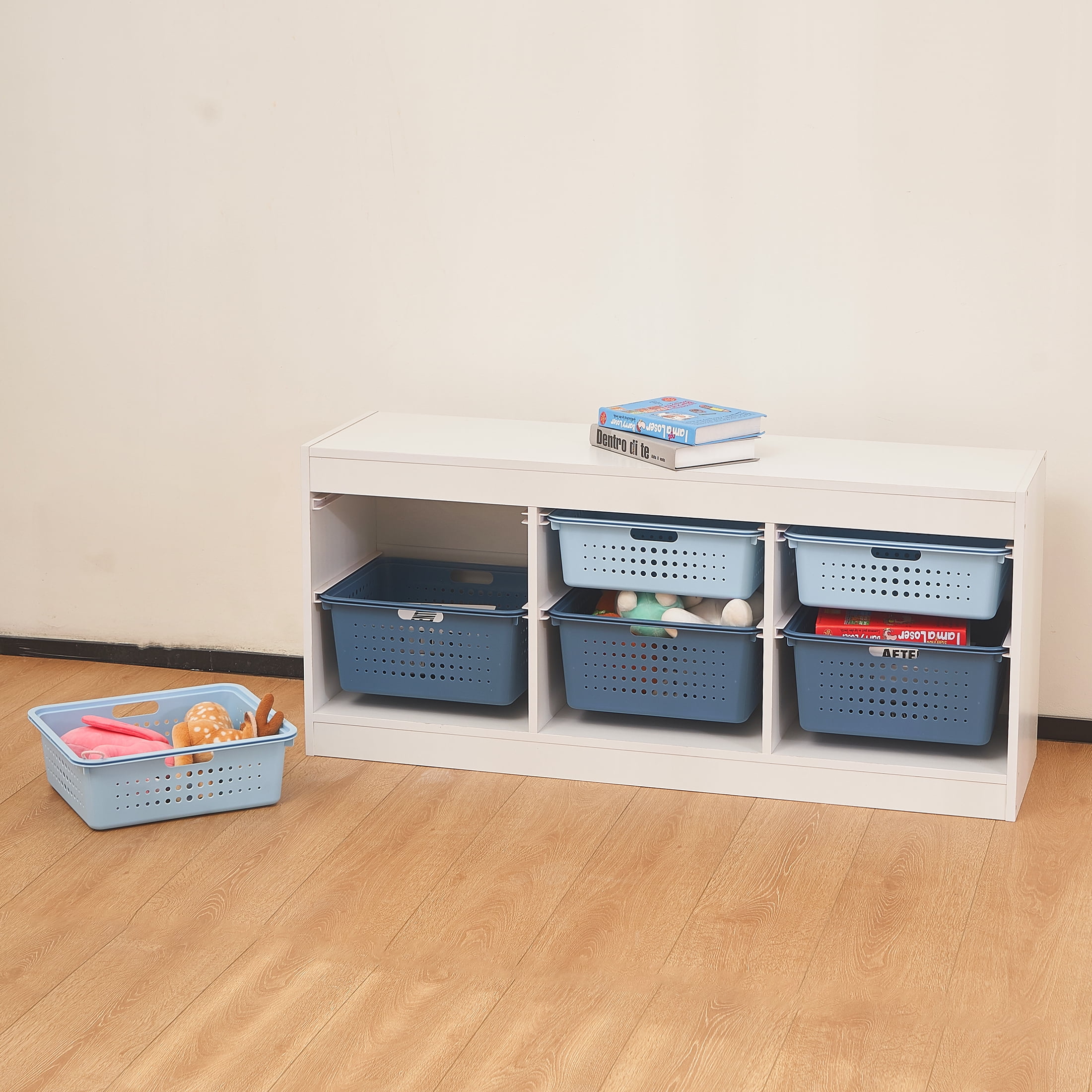 Your Zone Wooden Kids Horizontal Sliding Bin Organizer with 6 Storage Bins, Blue, Age 3+