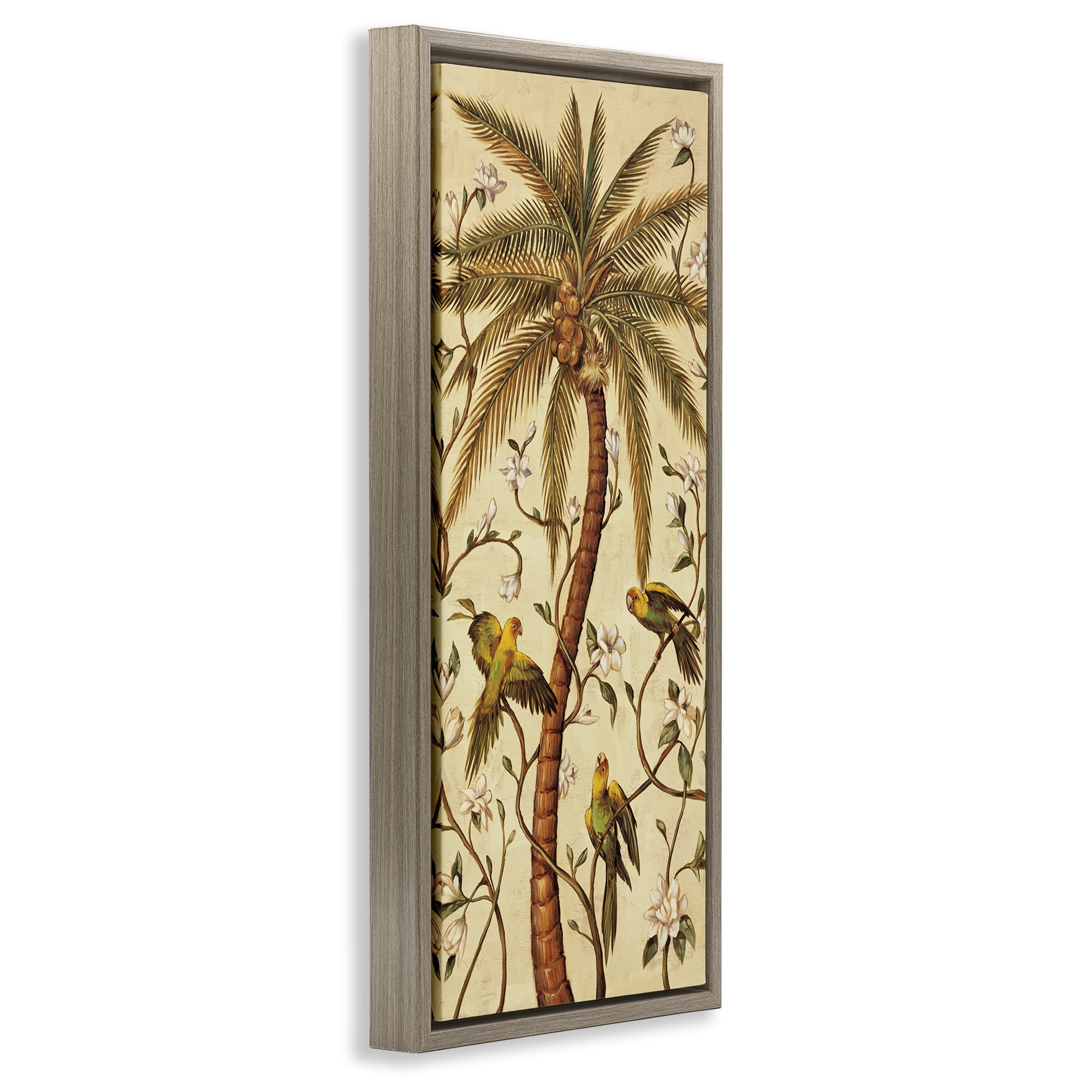 Stupell Industries Parrots & Curvy Palm Tree Plants & Flowers Painting Brown Floater Framed Canvas Art Print Wall Art, 11 x 25