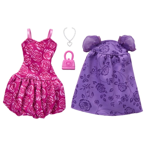 Barbie Fashions 2-Pack, 2 Outfits for Barbie Doll with 2 Dresses, Purse and Necklace