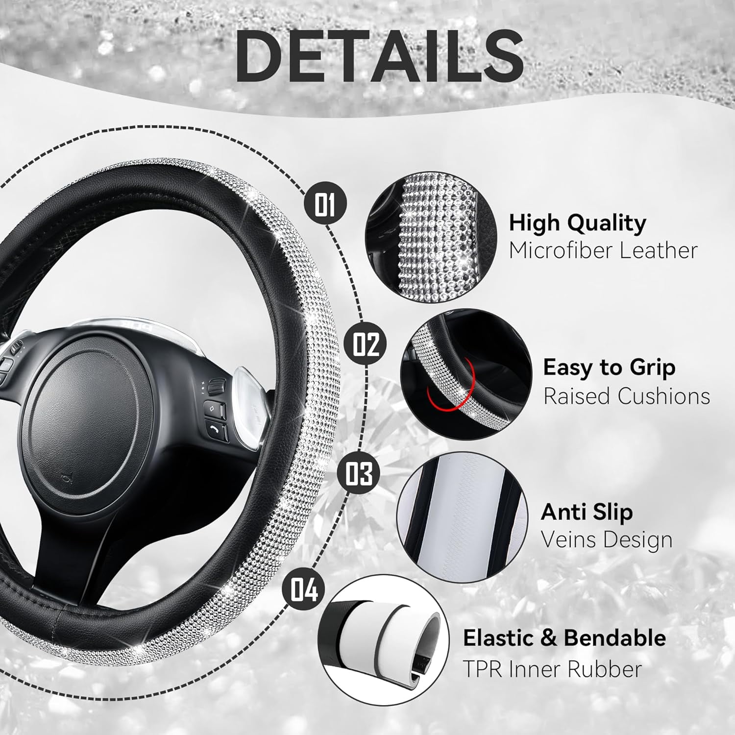 CAR PASS 11 PCS Bling Diamond Car Accessories for Women, Sparkly Rhinestone Steering Wheel Cover, Bling Seat Belt Cushion, Glitter Shift Knob Cover, Car Cup Holder Coaster, Cute Interior Sets Black