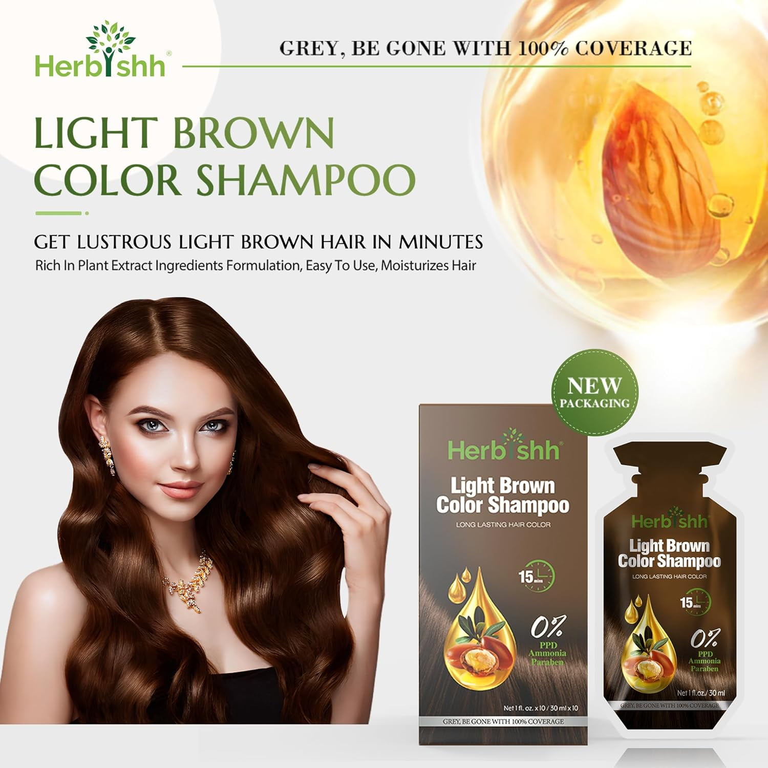 (6 pack) Herbishh Hair Color Shampoo 10 Sachet +1 Argan Hair Mask Pouch | 3 in 1 Hair Dye | PPD Free | Easy to Use | Gray Coverage | Travel Size | Available in 6 Colors | (Light Brown)