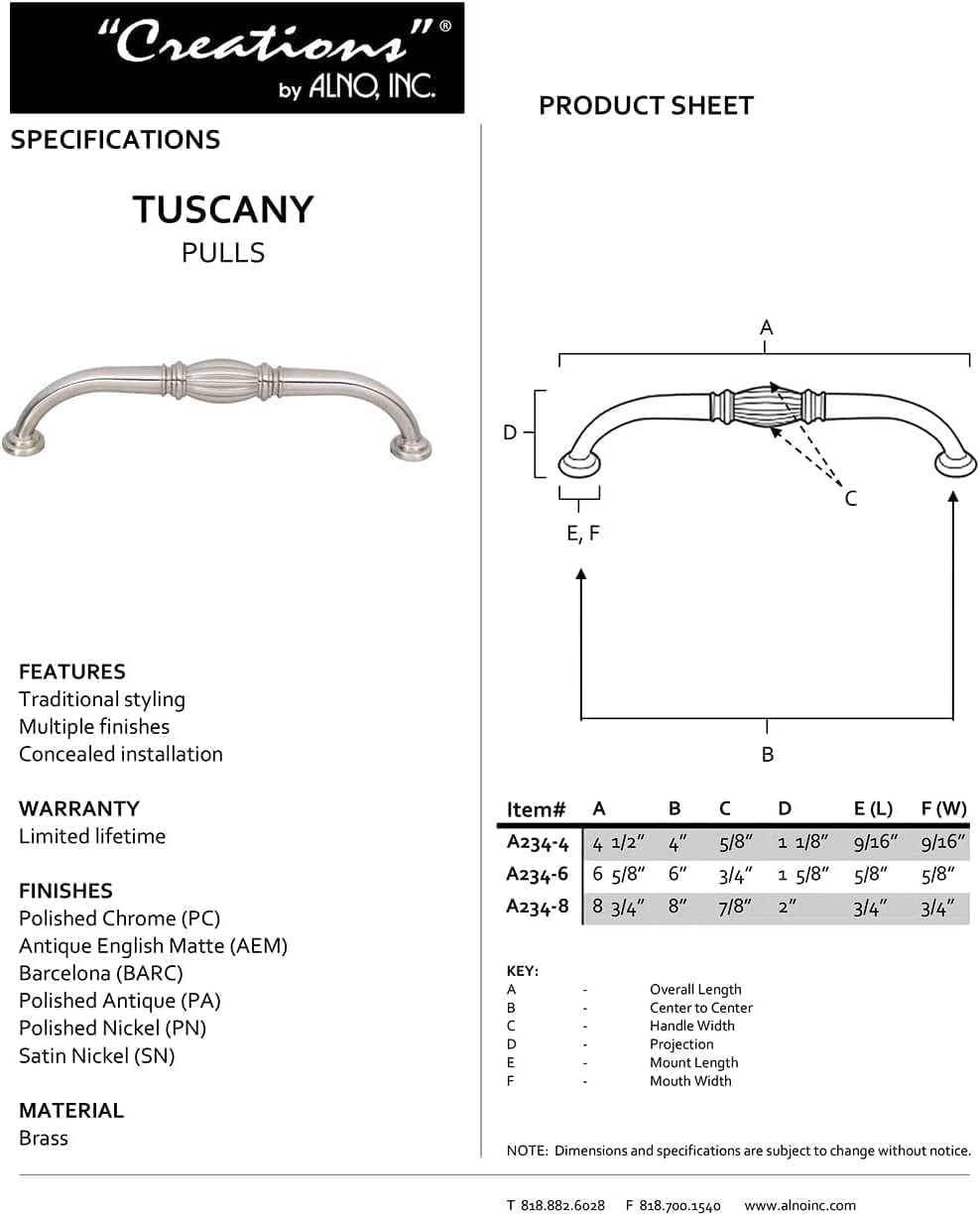 Alno A234-6-PB/NL Tuscany 6" Center To Center Bar Cabinet Pull - Brass