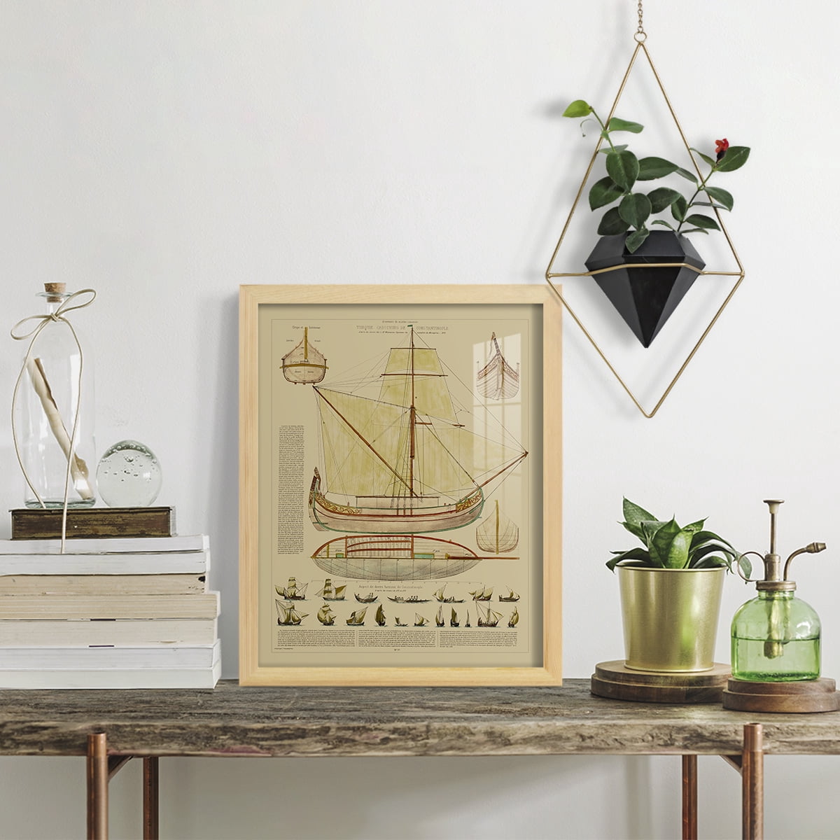 Antique Ship Plan I -Framed Print w/glass-Natural Wood