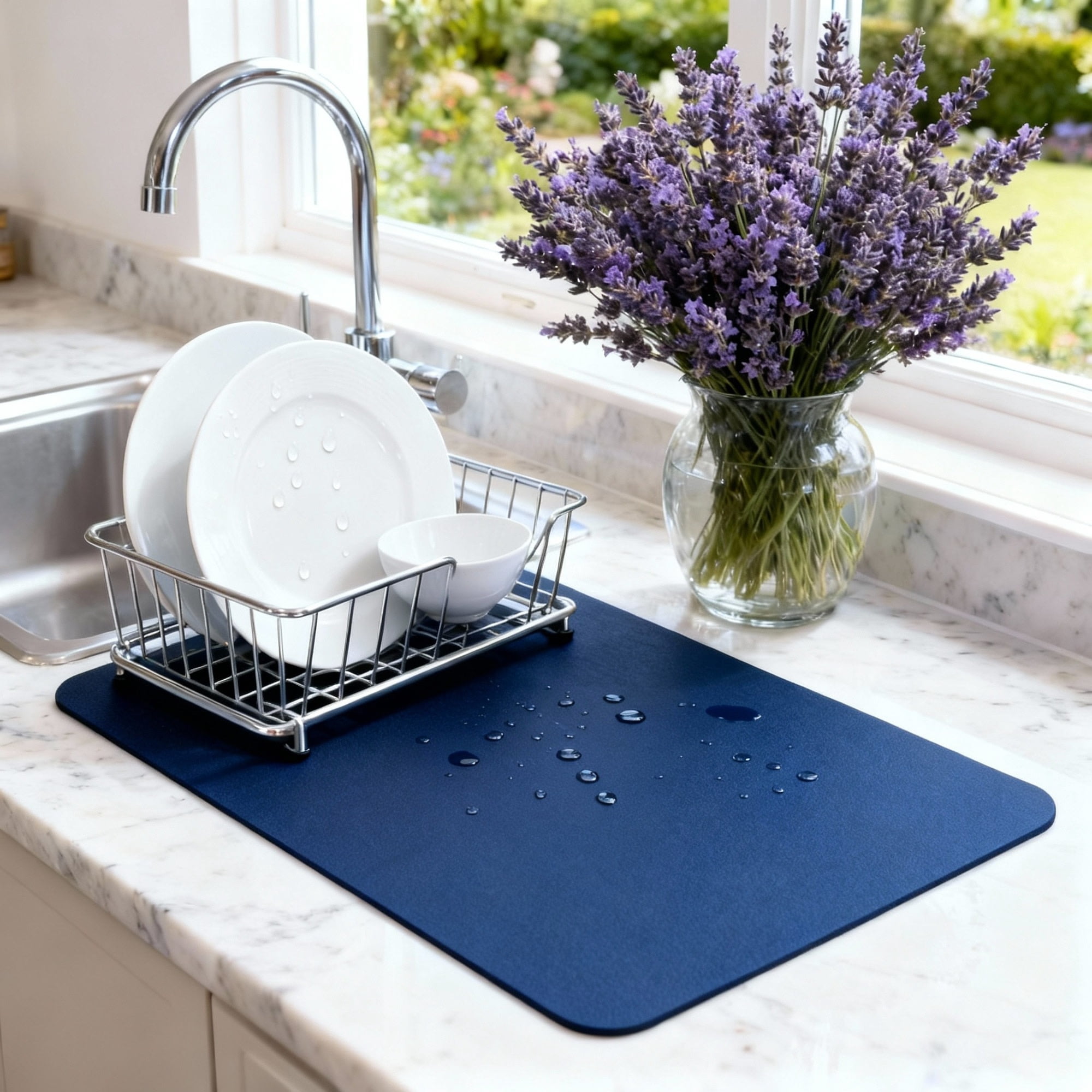 STRABELLA: Dish Drying Mat - 24x16", Navy Blue - Super Water Absorbent, Quick Dry Foam, Multi-Purpose, Kitchen Countertops, Non-Slip, Machine Washable
