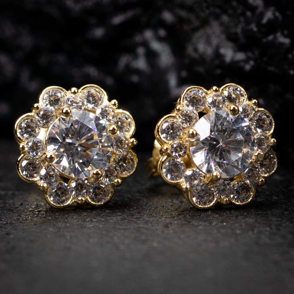 Flower Cluster Halo Round Brilliant 925 Sterling Silver 14K Yellow Gold Plated Unisex Iced Cz Hip Hop Hypoallergenic Men's Women's Circle Screw Back Cubic Zirconia Stud Earrings
