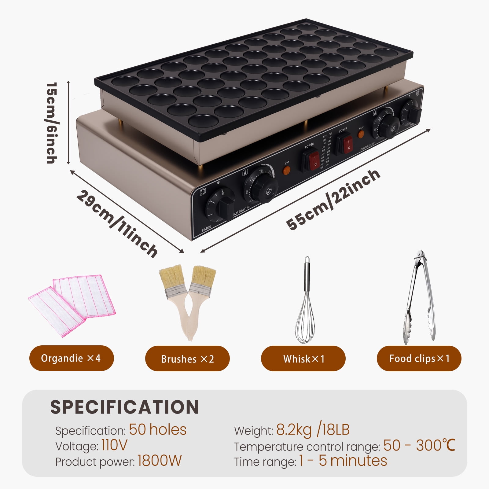 110V 1800W 50-Piece Mini Pancake & Waffle Maker, Non-Stick, 50-300°C Temp Range & Time-Adjustable, Waterproof & Leak-Proof, Ideal for Mini Pancakes, Snack & Waffles