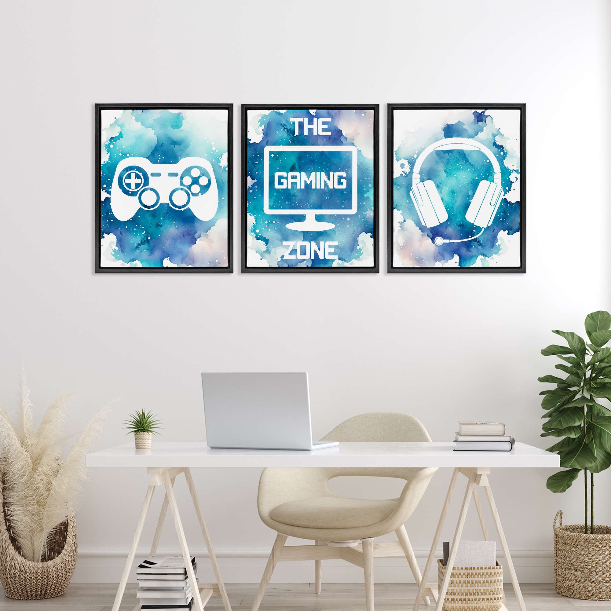 Blue Gamer Splatters 3 Piece Black Framed Floater Canvas Set, design by Marcus Prime