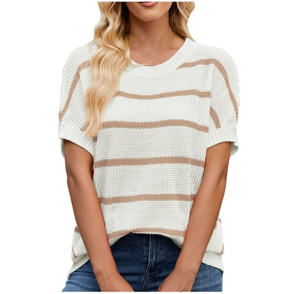 Zpanxa Womens Summer Tops Fashion Striped Woolen Round Neck T-Shirt Cute Short Sleeve Sweater Pullover