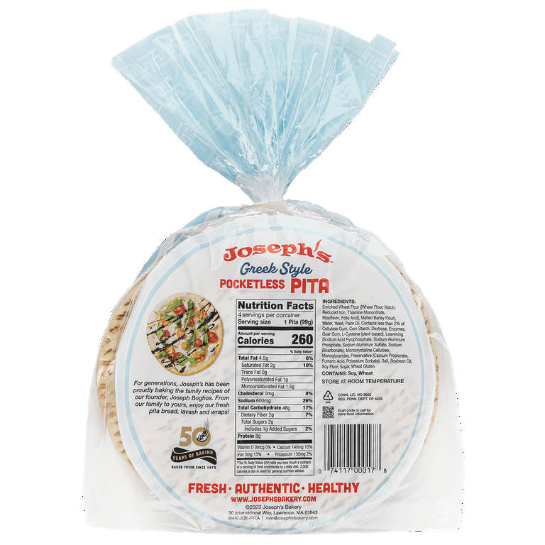 Joseph's White Greek Style Pocketless Pita 4 Count 14 oz