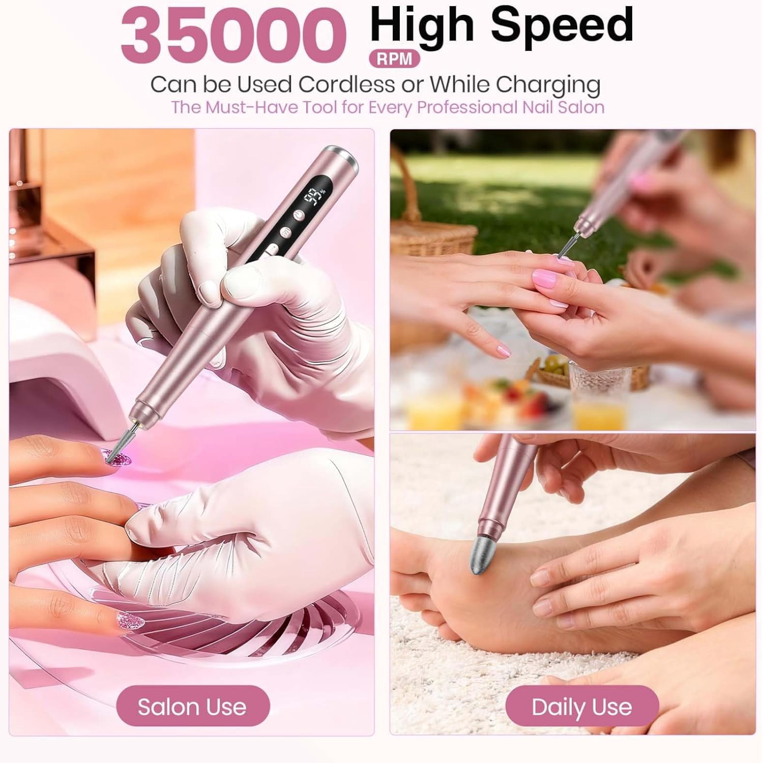 Cordless Nail Drill 35000RPM, Portable Electric Nail File for Acrylic Gel Nails, Professional Manicure Pedicure Kit, Rechargeable Pedicure Tools for feet with LCD Display, Low Noise Low Vibration