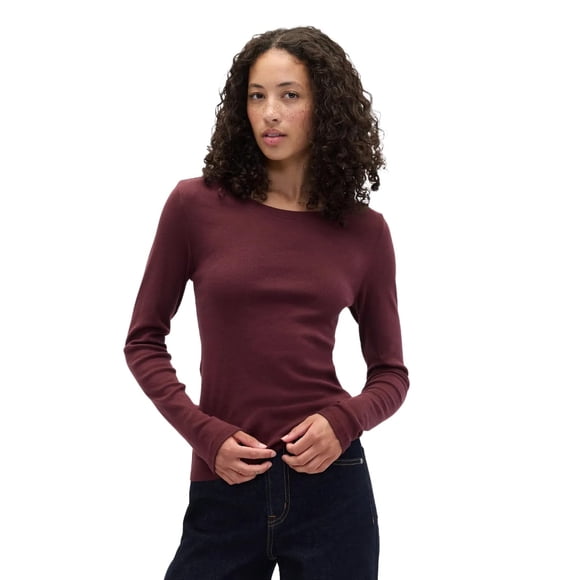 Top GAP para mujer, manga larga, cuello redondo, tejido rojo toscano, talla L