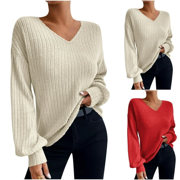 Miluxas Womens V Neck Long Sleeve Shirts Dressy Pure Color Casual Fall Tops Trendy Loose Knit Blouse Red XL