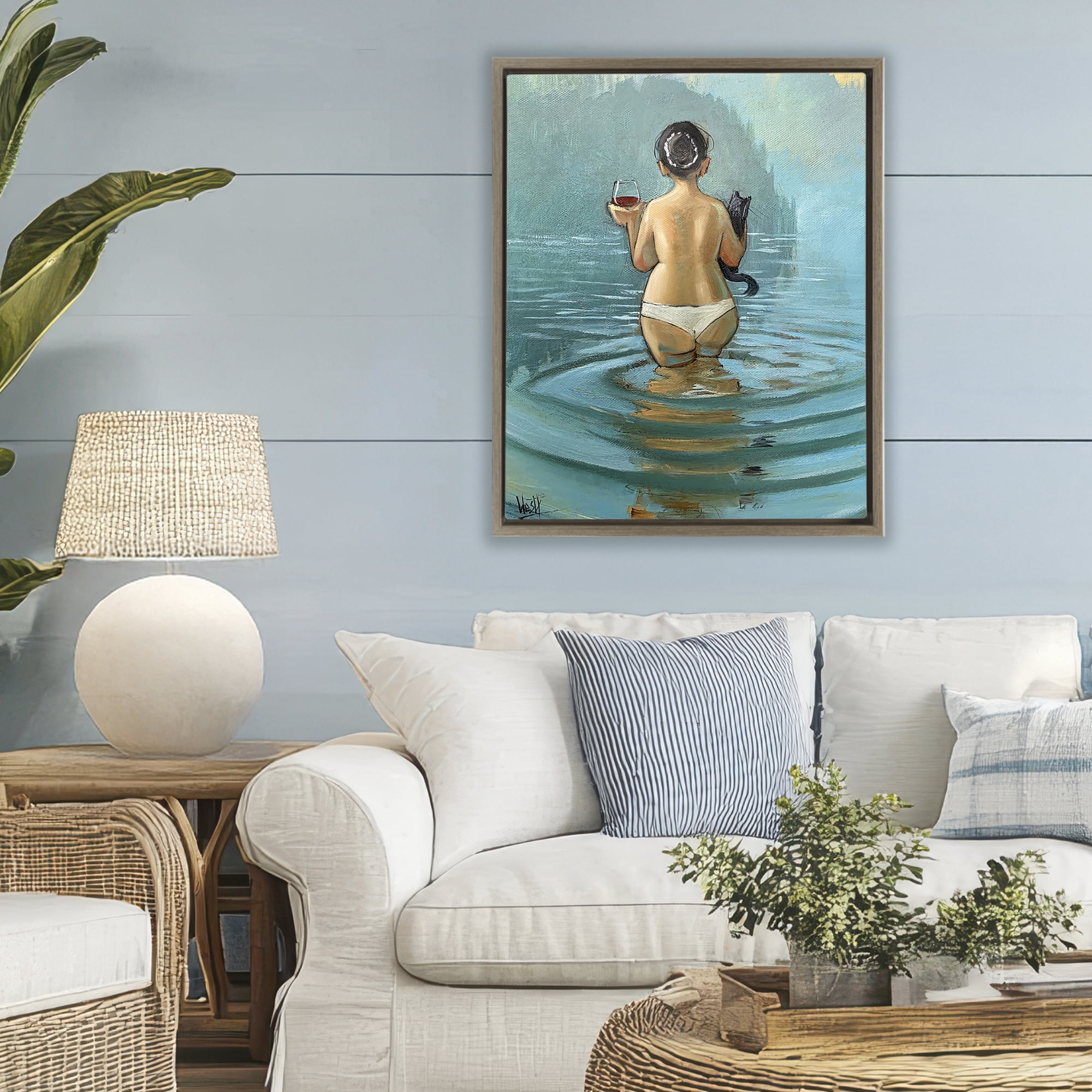 Stupell Industries Cat & Wine Dip At Twilight Brown Framed Floater Canvas Wall Art, design by Ronald West