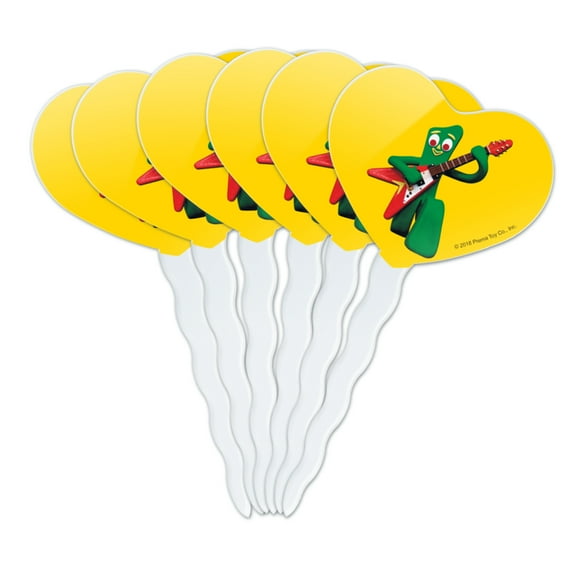 Gumby Playing Guitar Rock and Roll Heart Love Cupcake Picks Toppers Decoration Set of 6