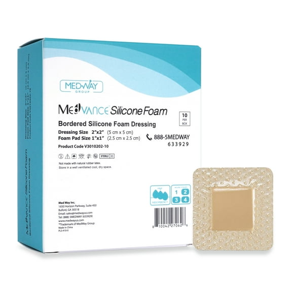 MedVanceTM Silicone - Bordered Silicone Adhesive Foam Dressing Size 2"x2" 1"x1" Pad, Box of 10 dressings