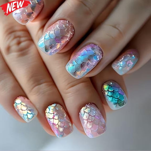 24Pcs Short Square Press On Nails for Women, Iridescent Mermaid Scale Holographic Fake Nails, Reusable Glue‑On False Nail Tips, Fashion Short Nail Stickers for Daily Work Party Casual Manicure