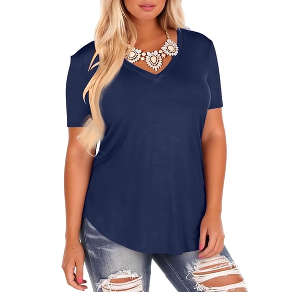 Kixjoy Women's Blouses Oversized Short Sleeve V Neck Shirts Fashion Basic Loose Fit Top Business Casual Summer Womens Clothes, Navy L
