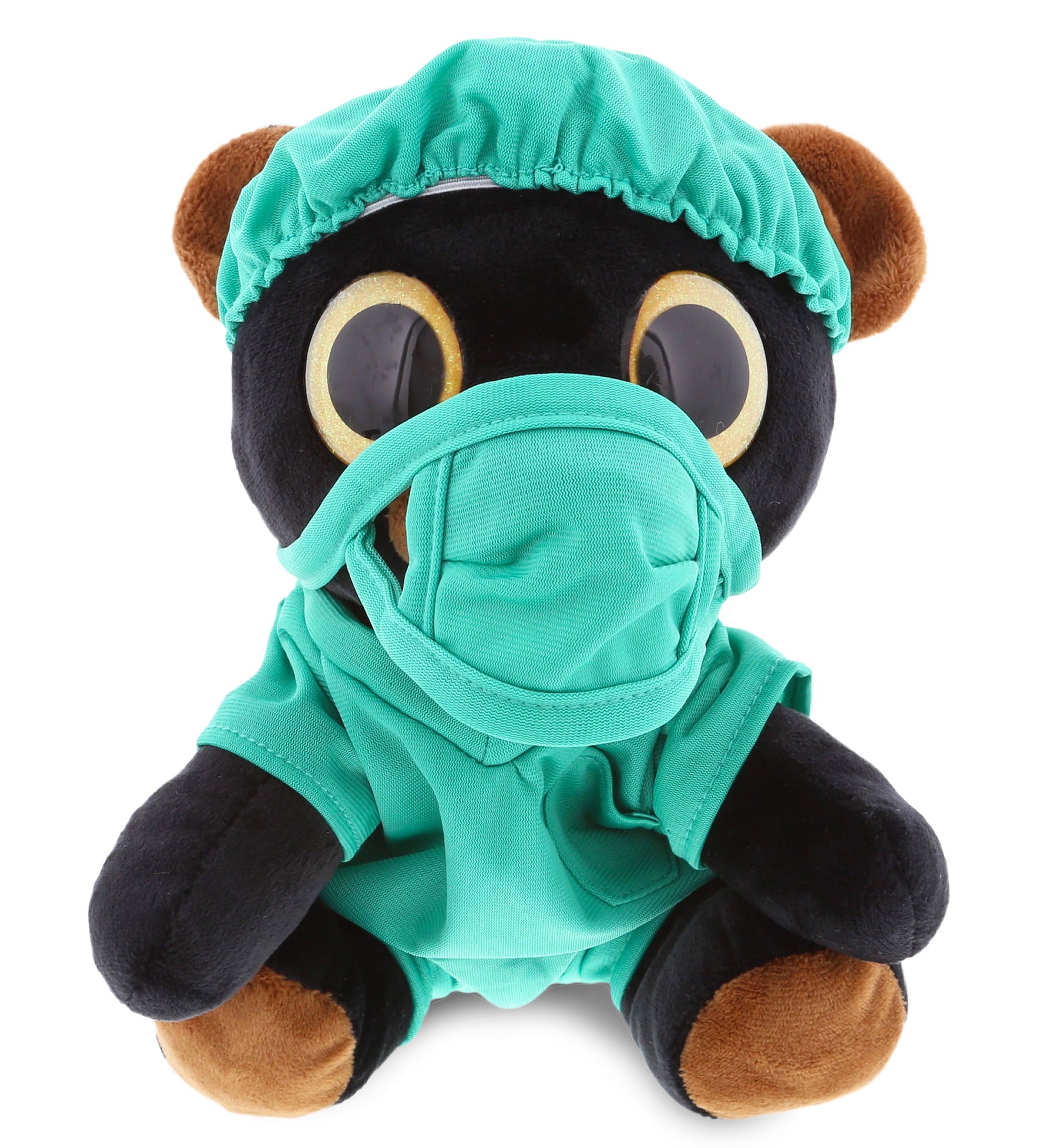 DolliBu Sparkle Eyes Black Bear Doctor Plush Toy with Cute Scrub