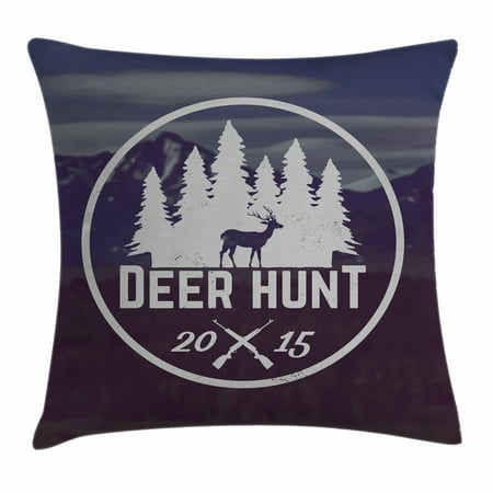 Deer Antlers Silhouette Hunting Decor Throw Pillow Cushion Cover, Deer Hunt Emblem Design Pines Antler Silhouette Rifles Snowy Mountains, Decorative Square Accent Pillow Case, 16 X 16 Inches, Brown Blue White, by Ambesonne ()