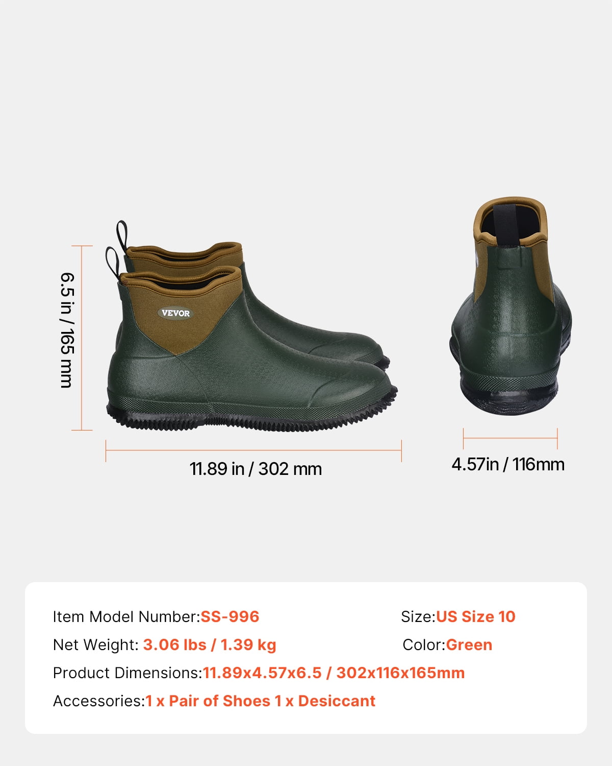 VEVOR Women's Deck Boots, Waterproof Fishing Rain Boots, Anti-Slip Ankle Rubber Boots, Gardening Insulated Mud Boots, Neoprene Rubber, Lightweight & Durable, for Manufacturing, Farming, Size 10 US