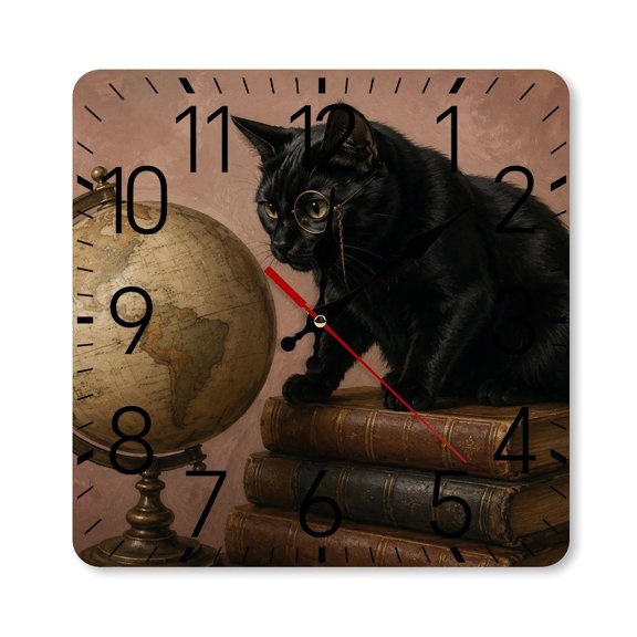RKSupls 1010inch Square Silent Wall Clock Wooden Frame, Elegant Cat Tea Time Scale Decorative Clock for Home Bedroom Living Room Office