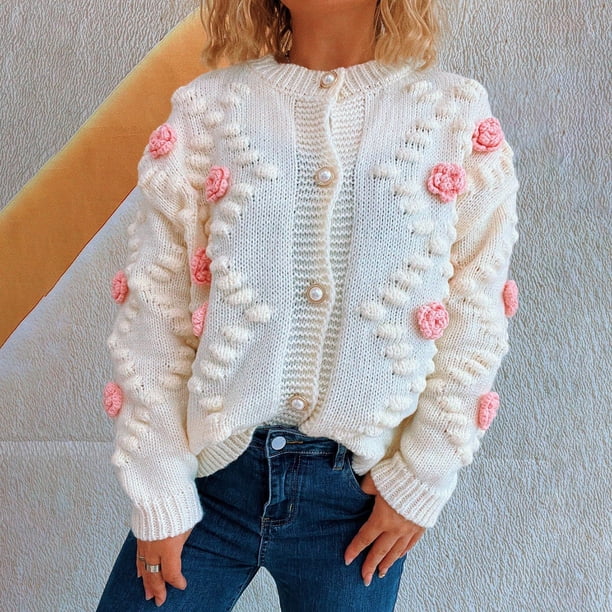 Women's 3D Floral Knit Cardigan, Cute Flower Button Up Long Sleeve