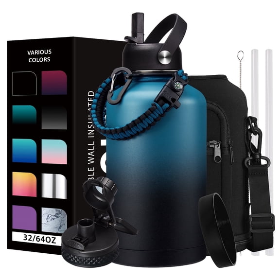 Half Gallon Insulated Water Bottle 64 oz - with Straw, Spout Lids, Strap Carrier Bag, Protective Boot, Stainless Steel Water Jug 64 OZ Flask Cold-48h & Hot-12h