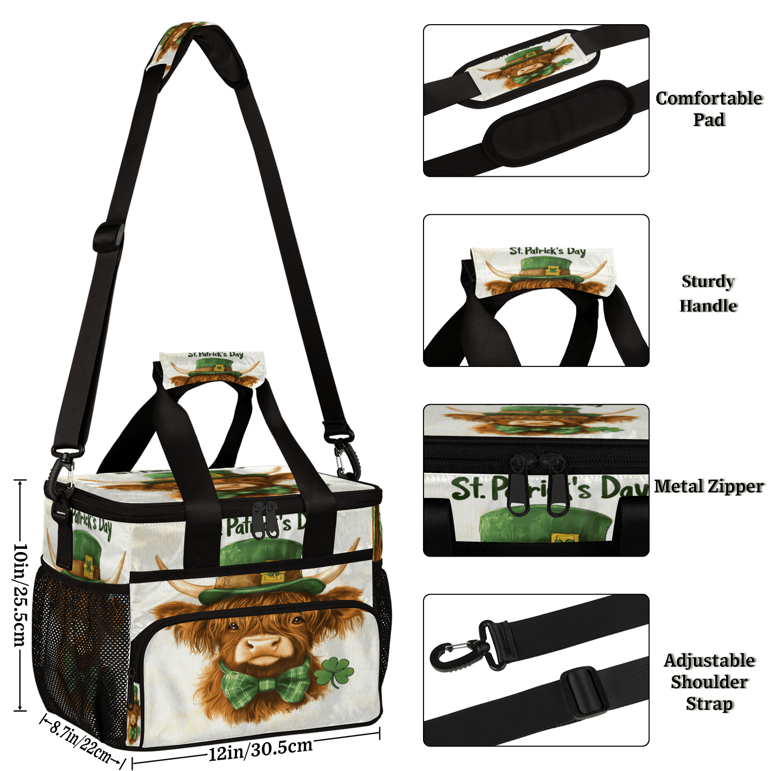 Herdesigns Highland Cow St. Patrick's Day Large Lunch Box for Adults Women Men with Adjustable Shoulder Strap, Insulated Reusable Lunch Bag Leakproof Cooler Tote Bag