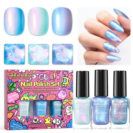 Gellen Nail Polish, Quick Dry 3 Colors Shining Green Blue Purple Nail Polish Set Xmas Halloween Nail Lacquer Set, Gift for Women Home Nail Art, No UV Light Needed, 0.33 Fl.oz