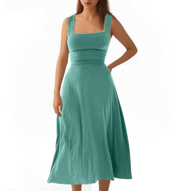 Timegard Robes d'Été pour Femmes à Larges Bretelles, Encolure Carrée, Sans Manches, Couleur Unie, Coupe Ajustée, Décontractée, Confortable