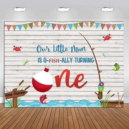 Image of Ally Fish Birthday Photo Background 7x5ft Rustic Wooden Board Gone Fishing Photography Backdrop Baby Kids First Birthday Party Banner Decorations