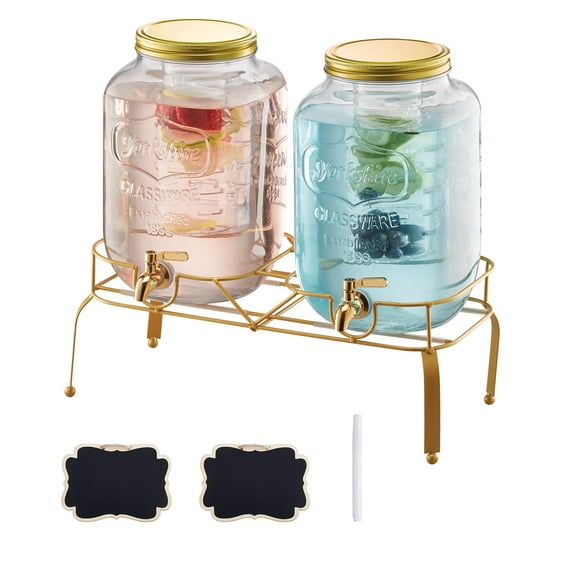 VEVOR Beverage Dispenser, 2 Pack 2 Gallon Drink Dispensers for Parties, Glass Juice Dispenser with Metal Stand, Stainless Steel Spigot, Infuser, Iced Tea Lemonade Juice Water Dispensers for Parties