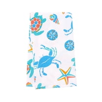 Caraway Coral Kitchen Towel Blue Seaturtle Crab & Starfish Print